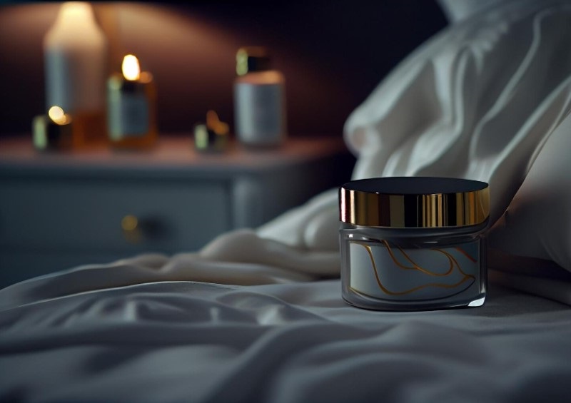 ночной ритуал ухода за кожей, баночки на столике